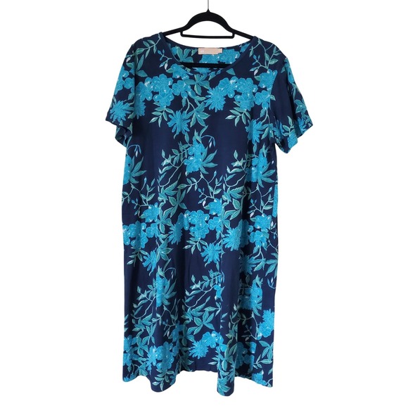 LA CERA Womens XL‎ Blue Tropical Floral Short Sleeve Midi Cotton Dress Pockets - Picture 9 of 9